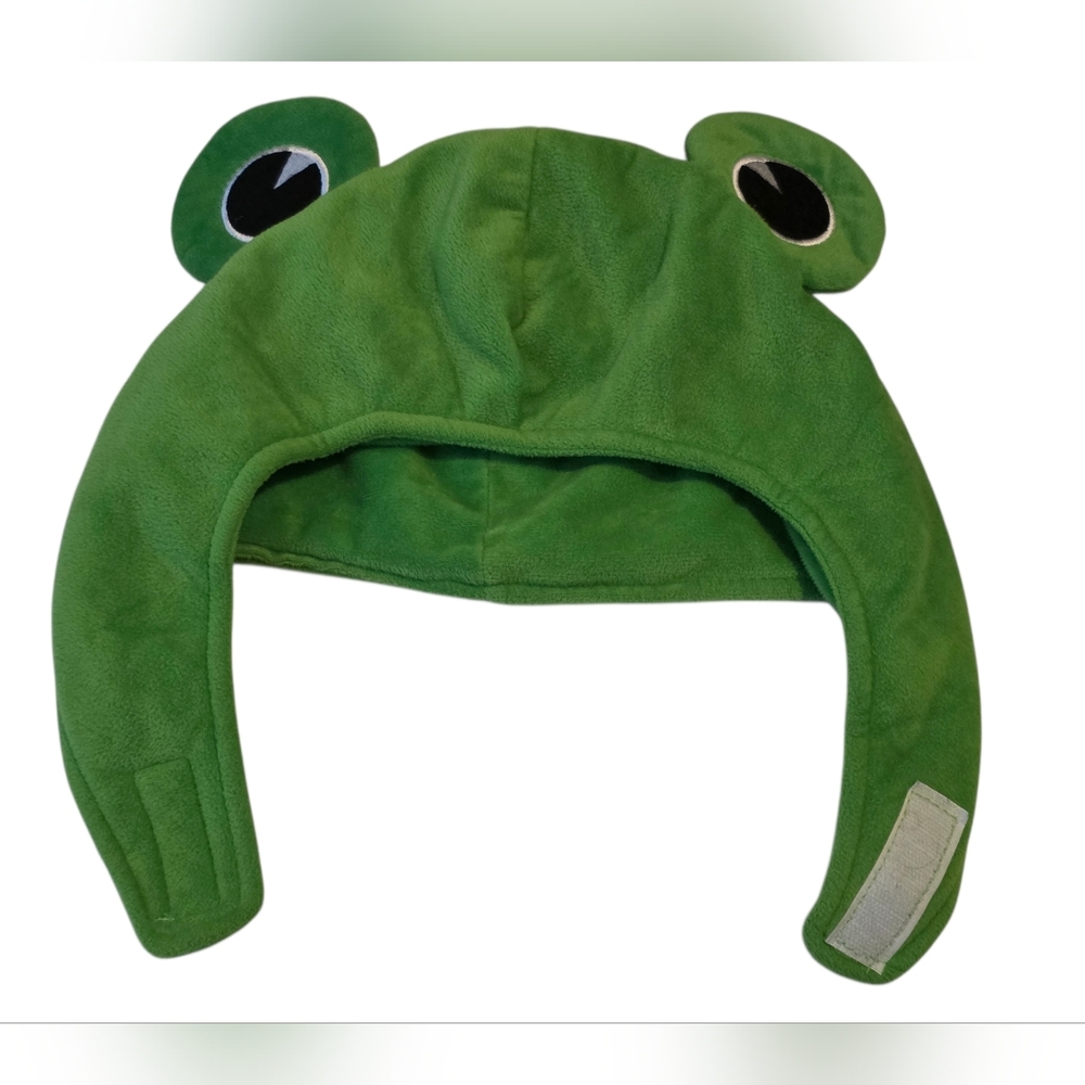 Plush Adult Unisex Green Frog Hat with Velcro Wrap-Around Ear Flaps OS EUC